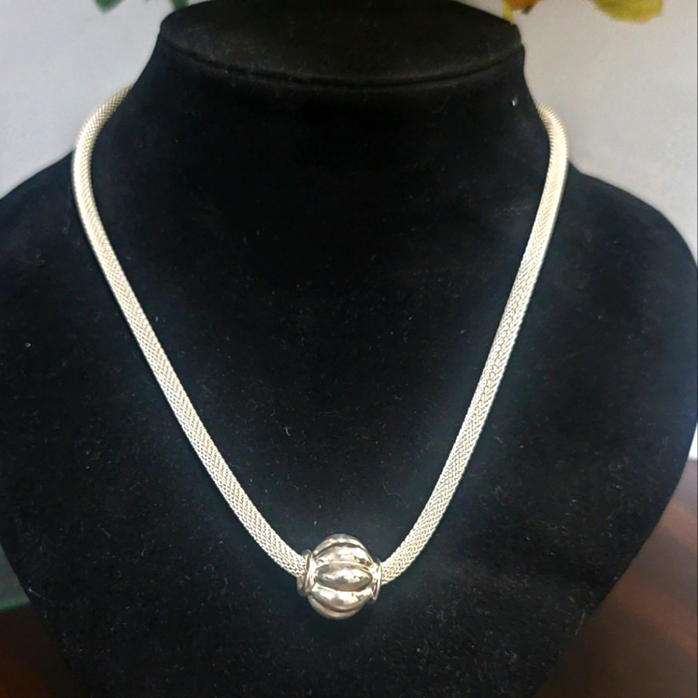 Vintage Woven Mesh Sterling Silver Chain Necklace with Fluted Spherical Pendant